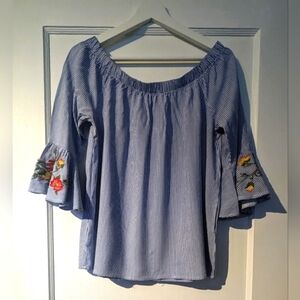 Crave Fame Blue & White Off the Shoulder Embroidered Sleeves. Size Large